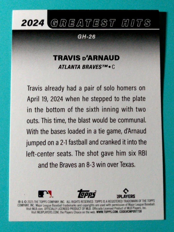2025 TOPPS BASEBALL *** Travis d'Arnaud: '24 Greatest Hits *** #GH-26 - Image 2 of 2
