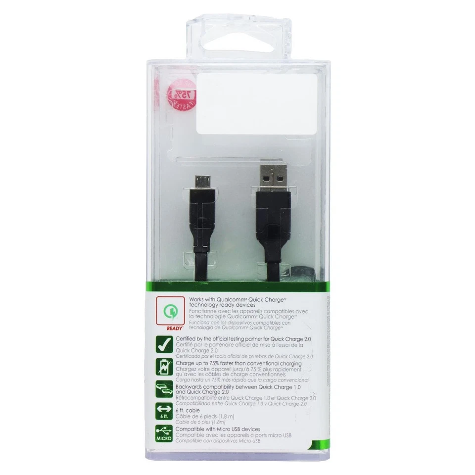 Cargador de pared y cable Qmadix (QM-PTHDMI-Q2) 6 pies para dispositivos micro USB - negro Foto 2 de 2