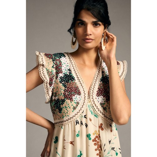 Anthropologie Printed V-Neck Boho Floral Crochet Details Maxi Pockets Size 6 - Picture 3 of 15