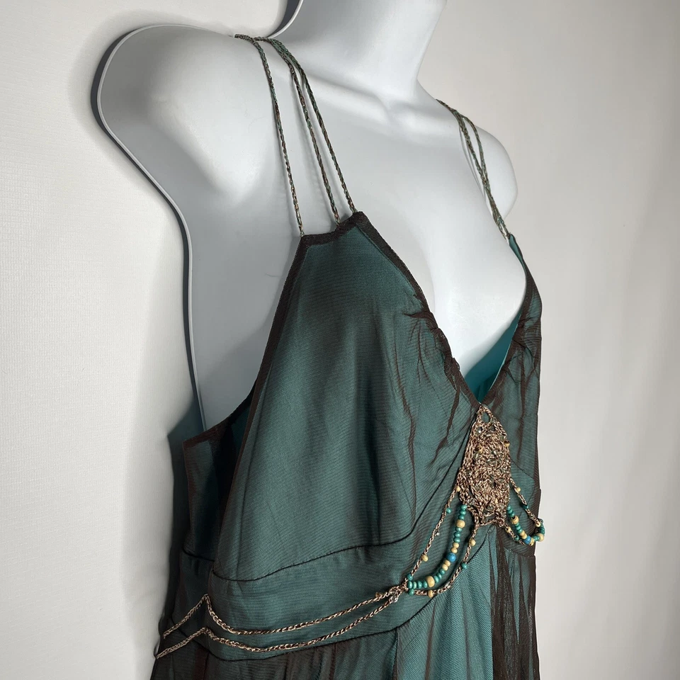 复古 90 年代 Nicole 串珠鸡尾酒懒人连衣裙 8 码棕色蓝色透明雪纺 — 第 4/4 张图片