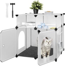 Cat Litter Box Enclosure, Plastic Covered Little Box with Mat, Pure White