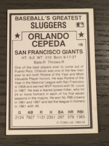 Orlando Cepeda - 1982 TCMA Baseball's Greatest Sluggers - San Francisco Giants - Bild 2 von 2