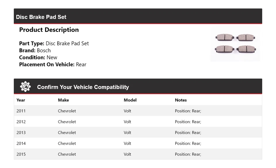 Pastillas de freno traseras de cerámica QuietCast para Chevrolet Volt Bosch 2011-2015 2012 2013 Foto 2 de 4