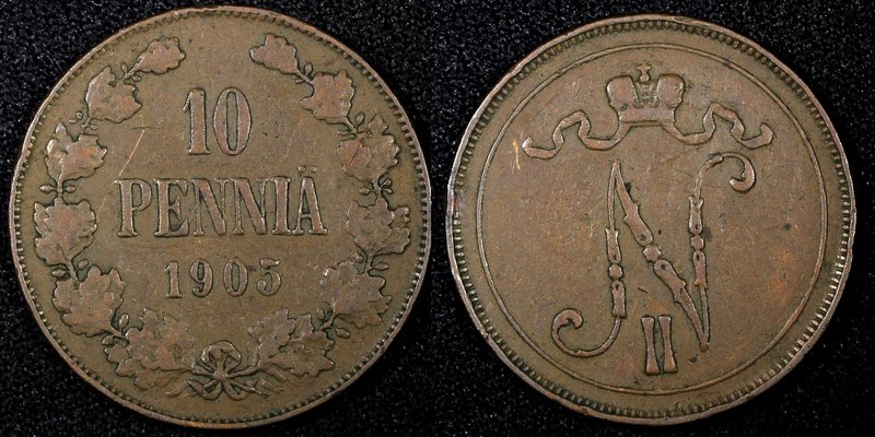 Finland Nicholas II Copper  1905 10 Penniä  Mintage-500,000 VF  KM# 14 (27 151)