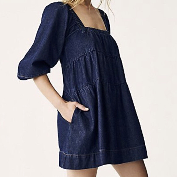 free people blue jean babydoll dress Daisy Mercantile Georgie Denim Bow Mini Dress Medium Wash / Small
