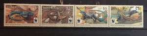 St.Lucia reptiles S.C.#1251-54 C.V.$14 MNH WWF strip of 4 as issued in 2008