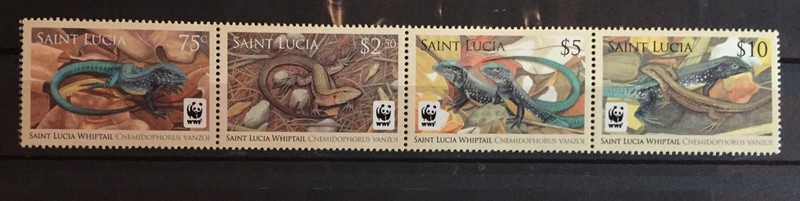 St.Lucia reptiles S.C.#1251-54 C.V.$14 MNH WWF strip of 4 as issued in 2008