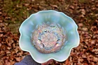 ANTIQUE THREE FRUITS MEDALLION CARNIVAL BOWL W/ SMOOTH EDGE - AQUA OPAL - RARE