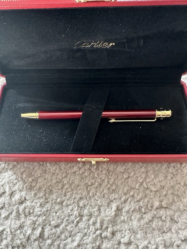 Auténtico Bolígrafo Cartier Santos de Cartier Burdeos Bolígrafo Nuevo Juego Completo Caja Foto 2 de 4