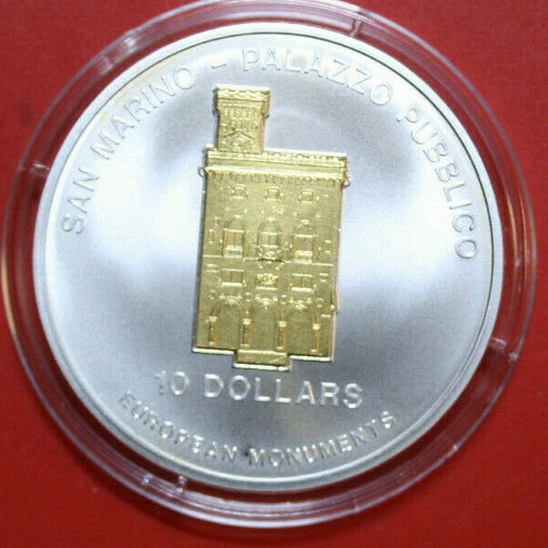 Nauru 10 Dollari 2005 Argento 1 Oz+ #F4311 "Palazzo Publico" Scultura 24k dorata - Foto 1 di 11