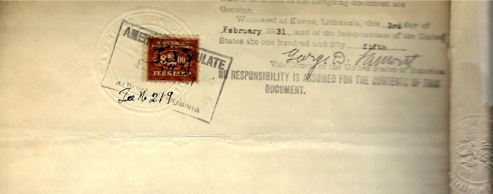 1931 Lithuanian Set of Documents NY Consulate with US Foreign Service