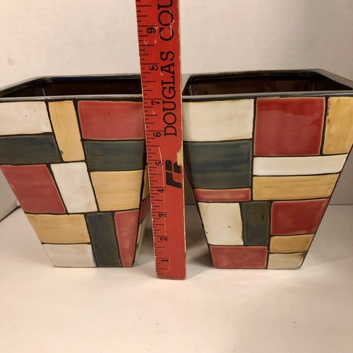 Pier One Geometric Ceramic Planters Vases PAIR Modern Design 7” Tall Color Fall - Picture 2 of 5