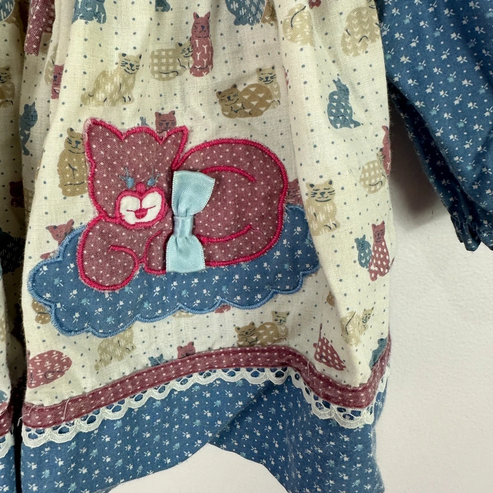 Vintage Baby Dress 12M Cat Print Prairie Cottagecore Ruffle Kitten Lace Trim - Image 3 of 4