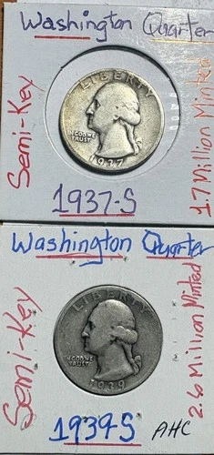 1937-S & 1939S Washington Silver Quarter Look VG+ Very Good+ Semi-Key Dates