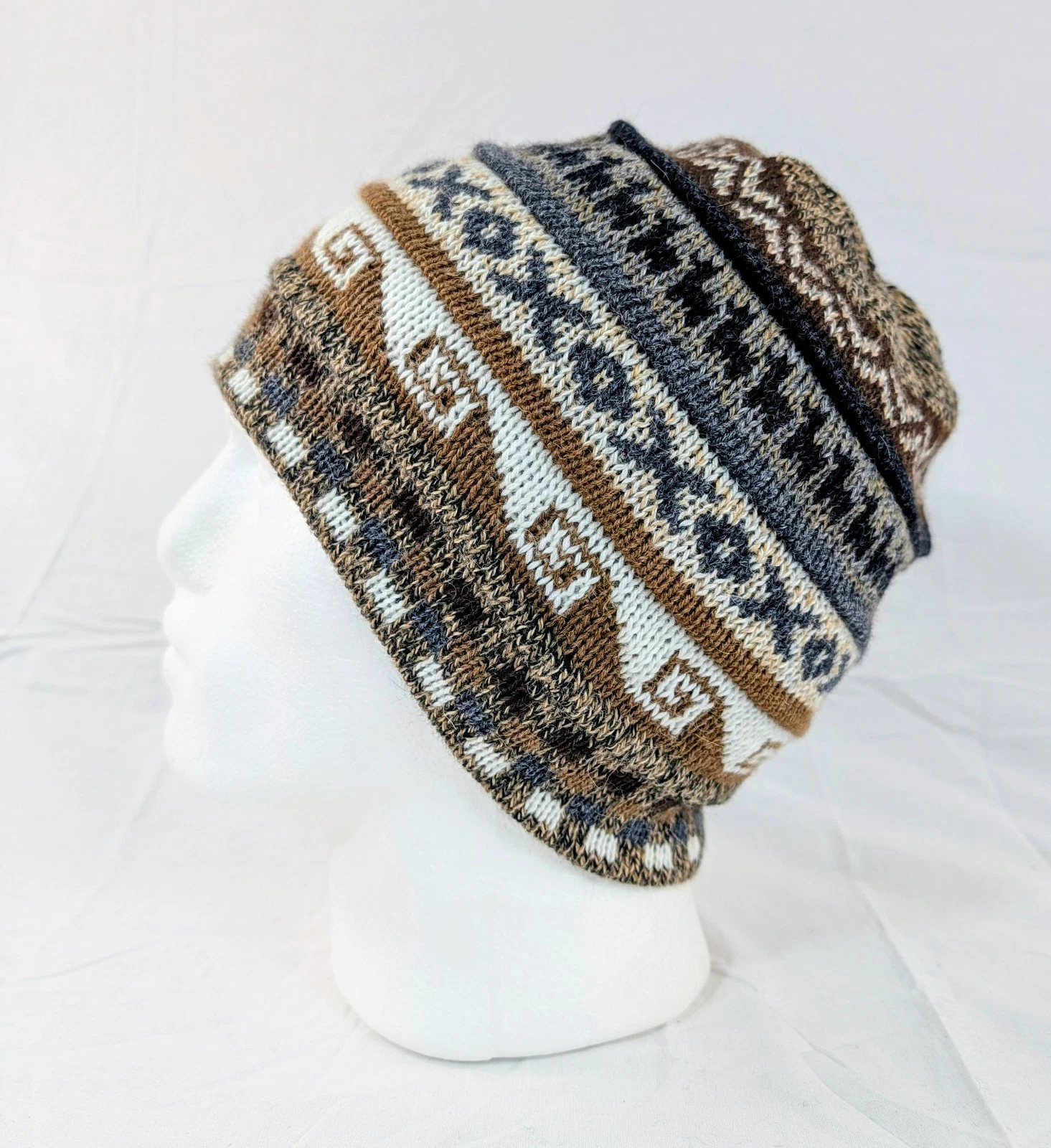 Soft Baby Alpaca Reversible Beige Brown Beanie Unisex Colorful Boho Llama Peru