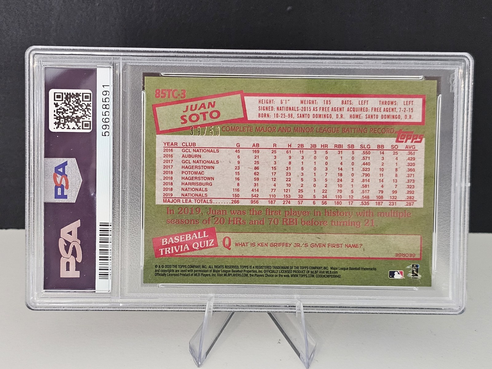 JUAN SOTO 2020 Topps Chrome 85 Topps Gold Refractor 39/50 PSA 9 view 2