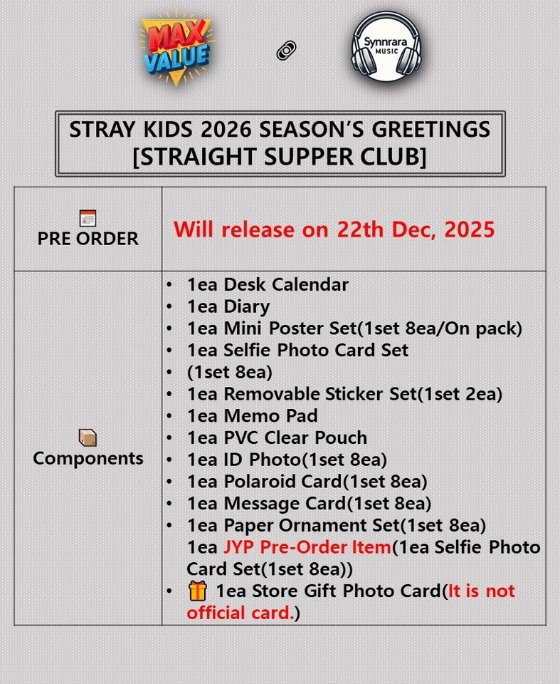 STRAY KIDS 2026 SEASON’S GREETINGS [STRAIGHT SUPPER CLUB]/Full Set+JYP POB+GIFT - Image 2 of 4