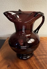 Vintage Amethyst Blown Glass Pitcher • MCM Scandinavian Style Ewer • 7.5”