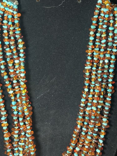 Sterling Silver Mine Finds By Jay King 5 Strand Amber Chip & Turquoise Necklace - Picture 3 of 9