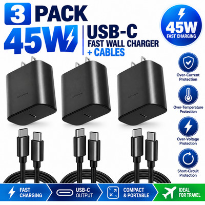 3 PACK 45w USB-C Fast Wall Charger+10ft Cable For Samsung Galaxy S25 S24 S23 S22