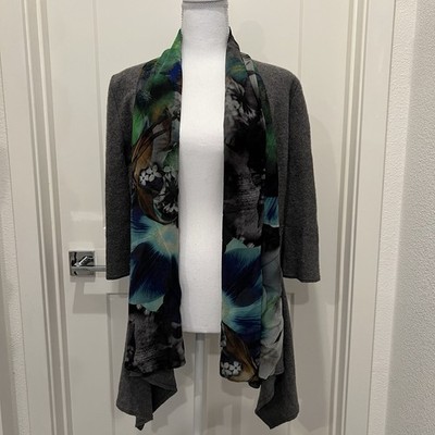 Giustiniani Atelier Women s Gray Wool 3/4 Sleeve Cardigan Floral Print Trim Sz M