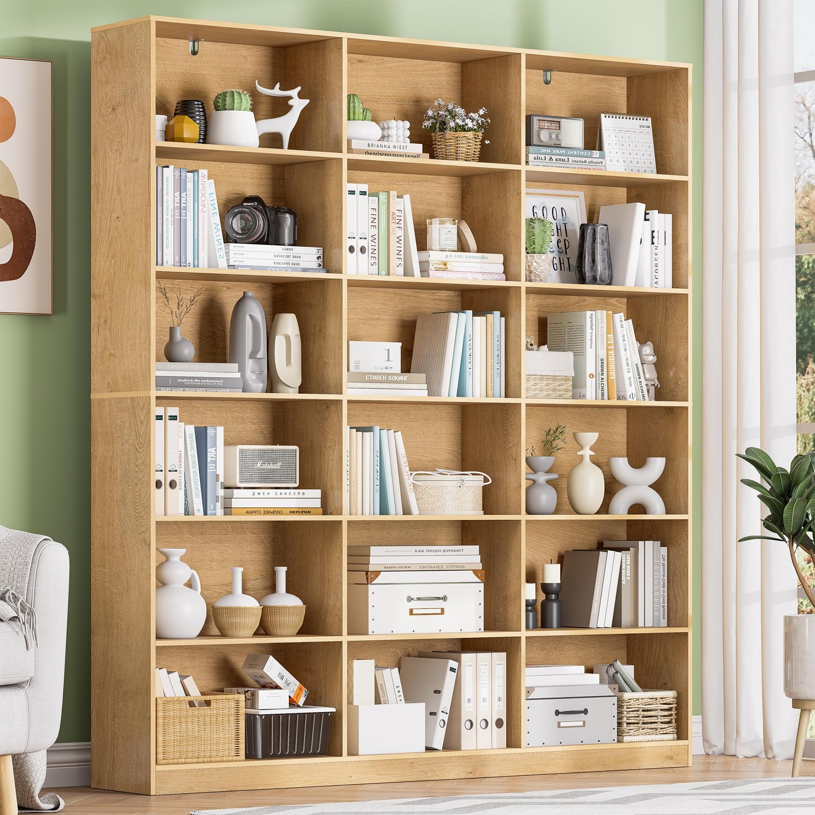 Triple Wide and 6 Tier Large Bookshelf,Bookcase with 18 Open Display Shelves