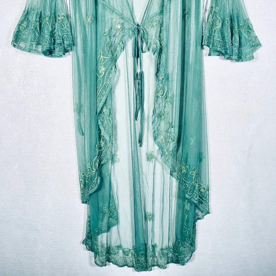 Kimono feminino feito à mão M verde renda lantejoulas gravata espanador frontal - Imagem 2 de 4