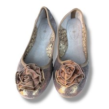 Lindsay Phillips Liz Ballet Flats Metallic Bronze Leather Rose Embellishment 7.5