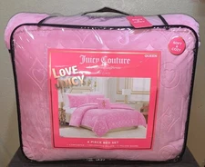 Juicy Couture Pink Crowns, Monograms &Hearts Embossed Plush QUEEN Comforter Set