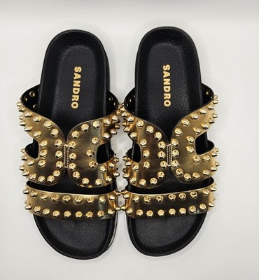 Sandro Paris Mully Spiked Rivet Flat Sandal Gold Leather Slides Mules  39 US 8.5