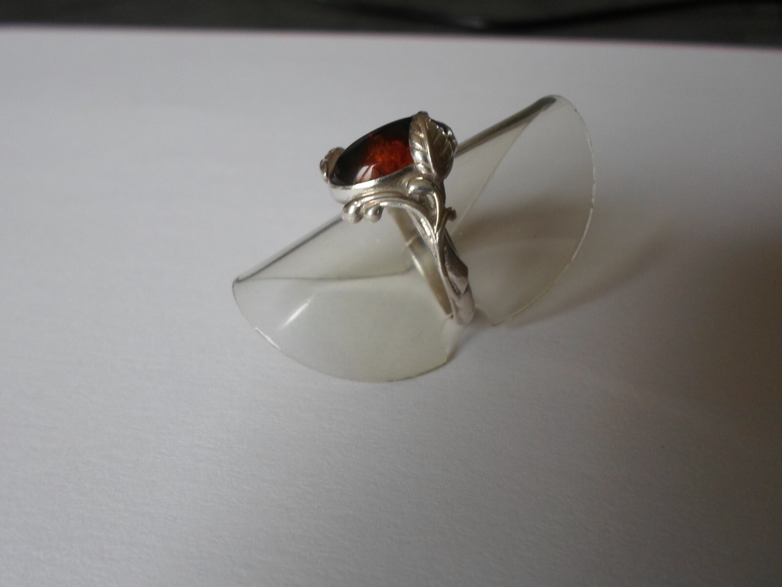 solid silver ring, dark amber cabochon, leaf outl… - image 7