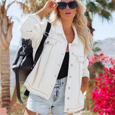 Vici Kind Of A Big Deal Pocketed Studded Oversized White Denim Jacket Sz Medium