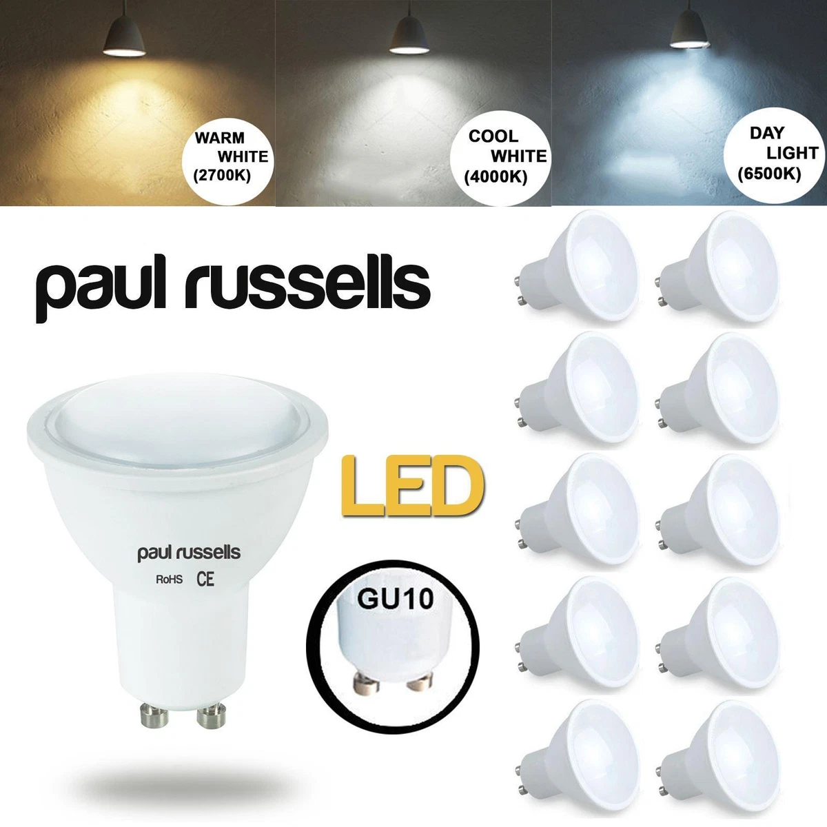 paul russells LED GU10 Bulbs Down lights Warm Cool White Day Spot light Lamps