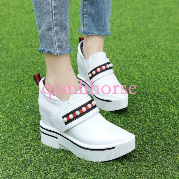 Women Pearls Leather Slip on Platform Wedge Creepers Heels Loafers Leisure shoes Women Pearls Leather Slip on Platform Wedge Creepers Heels Loafers Leisure shoes