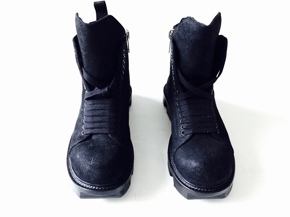 RICK OWENS MENS PLINTH HIKER BLACK LEATHER PLATFORM EYELET BOOTS 42