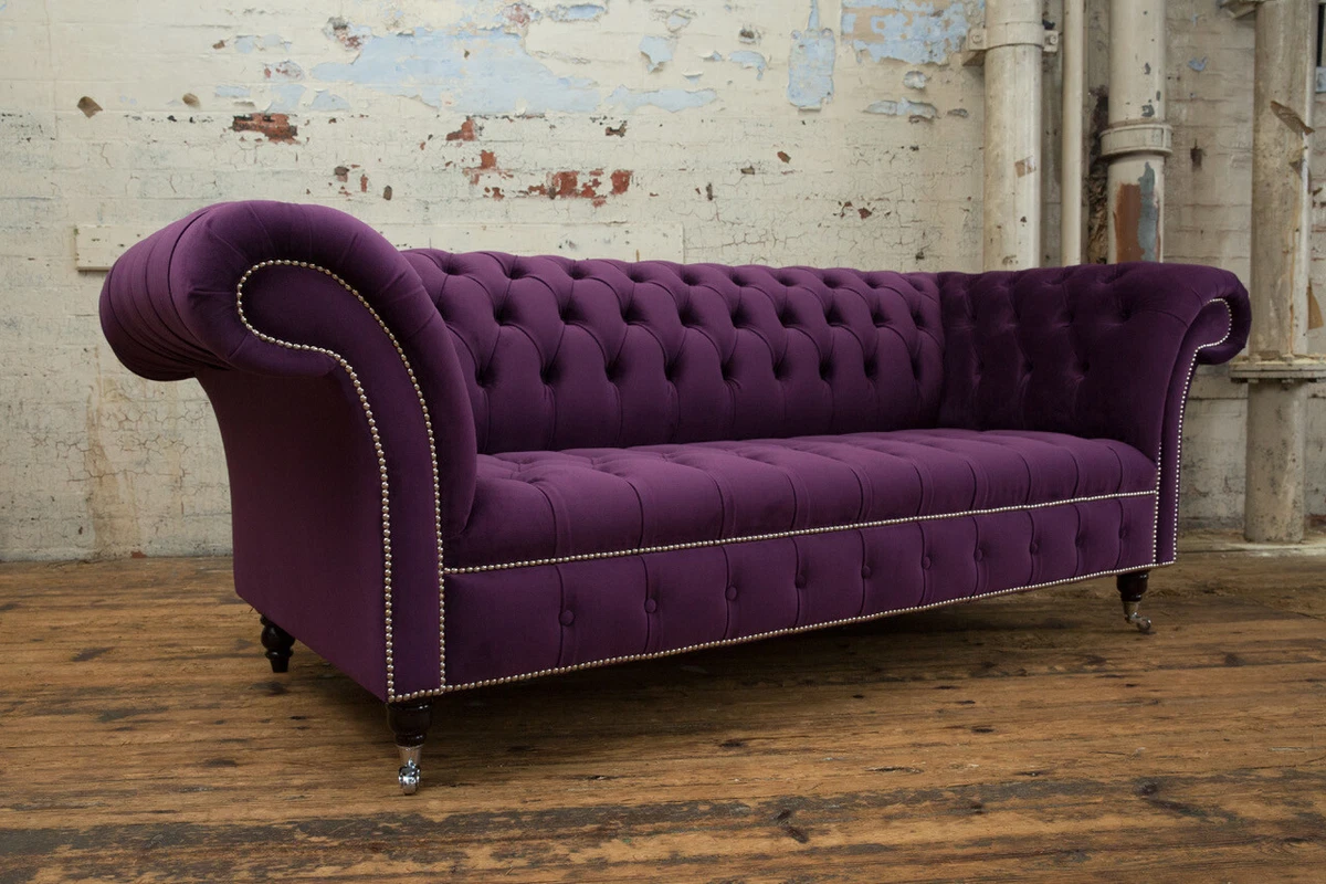 HANDMADE 3 SEATER SOFT DEEP PURPLE VELVET CHESTERFIELD SOFA COUCH SETTEE