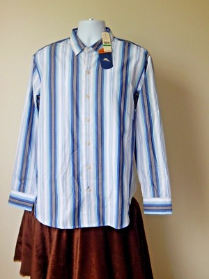 NWT $138 TOMMY BAHAMA GENOVA STRIPE OCEAN DEEP SILK BLEND BUTTON FRONT SHIRT LG