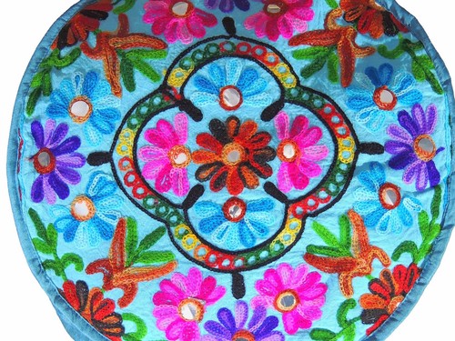 Blue Floral Circular Pouf Cover Embroidery Floor Seating Ottoman Footstool 16" - Picture 3 of 3