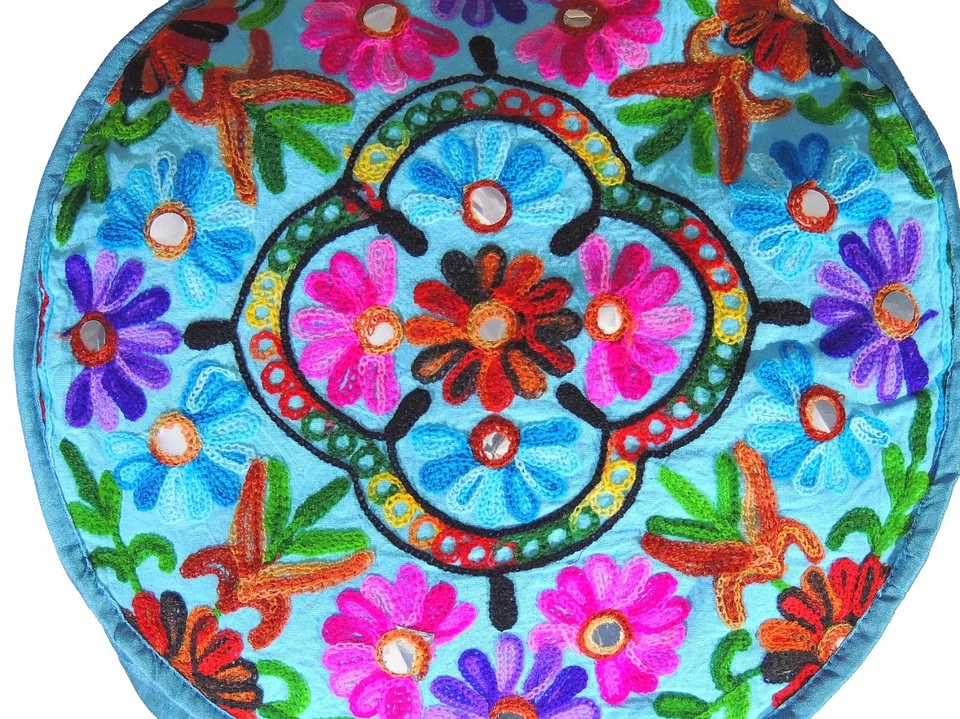 Blue Floral Circular Pouf Cover Embroidery Floor Seating Ottoman Footstool 16" - Image 3 of 3