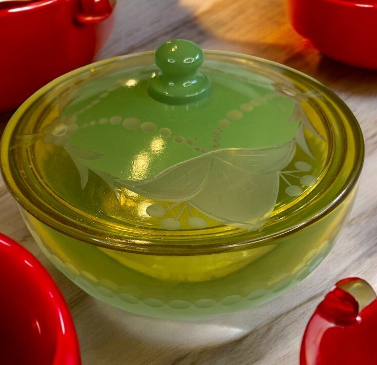 Antique Dresser Dish With Lid Hand Painted Scalloped Detail Green | eBay