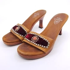 Calleen Cordero Women's 8 Sandals Brown Slides Heel Leather Velvet Studded