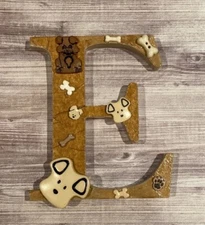 Decorative Small Wooden Letter E, Embellished w/ Dogs Paws Bones, Nursery Decor