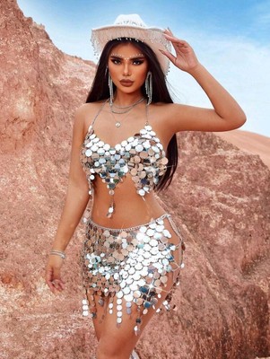 Paco Rabanne Style Women Damen Rave Festival Kleid Spiegel Effekte  Party Club