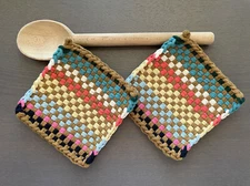 Handmade Set of 2 Potholders Cotton Woven Loom Hot Pads Oven Mitt Trivet Gift 