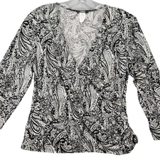 MSK Black Shirt Stretch Y2k Floral Sequin Top V-Neck 3/4 Sleeves Women's Size L