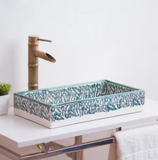 Custom Made Rectangular Bathroom Sink, Green Hand-painted Ceramic Vessel Sink