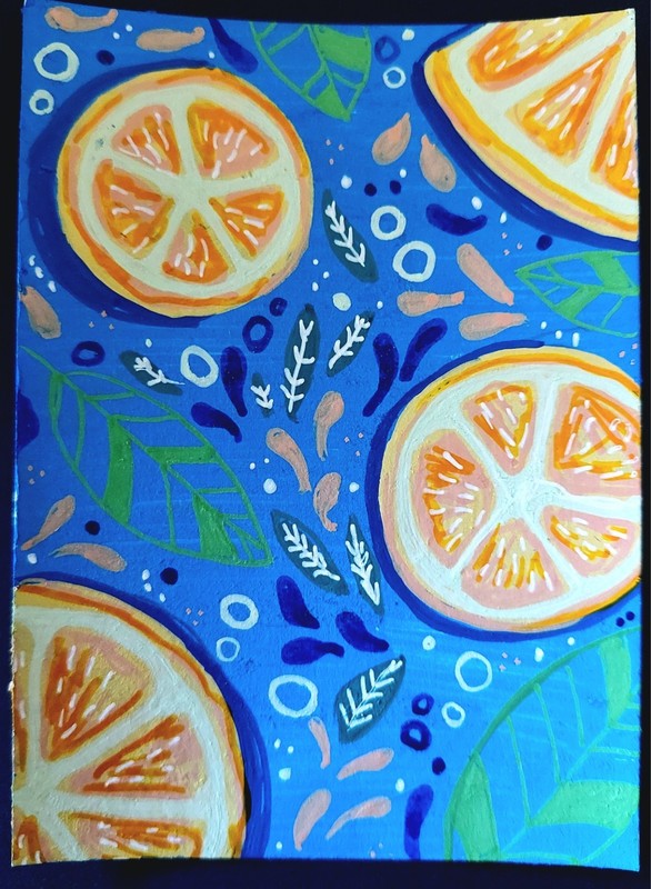 ACEO, Original Abstract Orange Lemon Citrus Slices & Leaves Painting, Modern