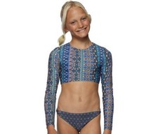 O'NEILL Margo Swim Crop Top Sz 14 L/XL Multicolor Floral Stripe Long Sleeve Line