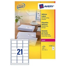 Image of Avery White 63.5 x 38.1 mm Self Adhesive Laser Address Labels - 21 Per Page - 25