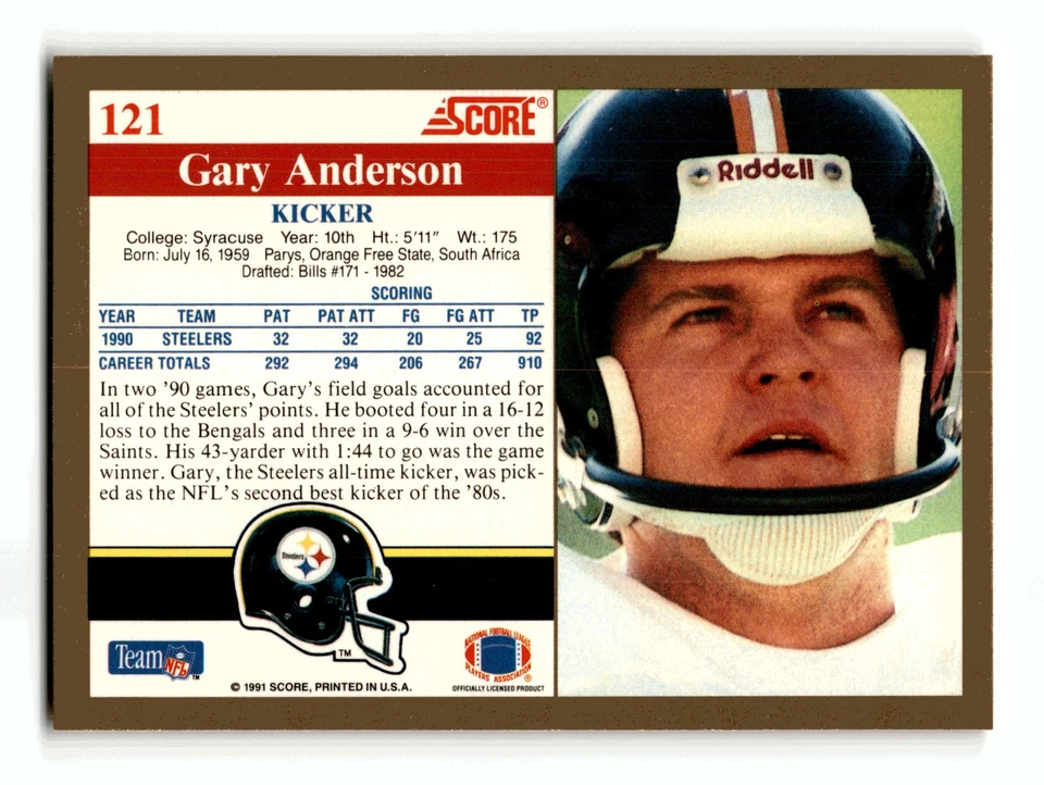 Gary Anderson 1991 Score #121 Pittsburgh Steelers Centered Mint to Gem - Image 2 of 2